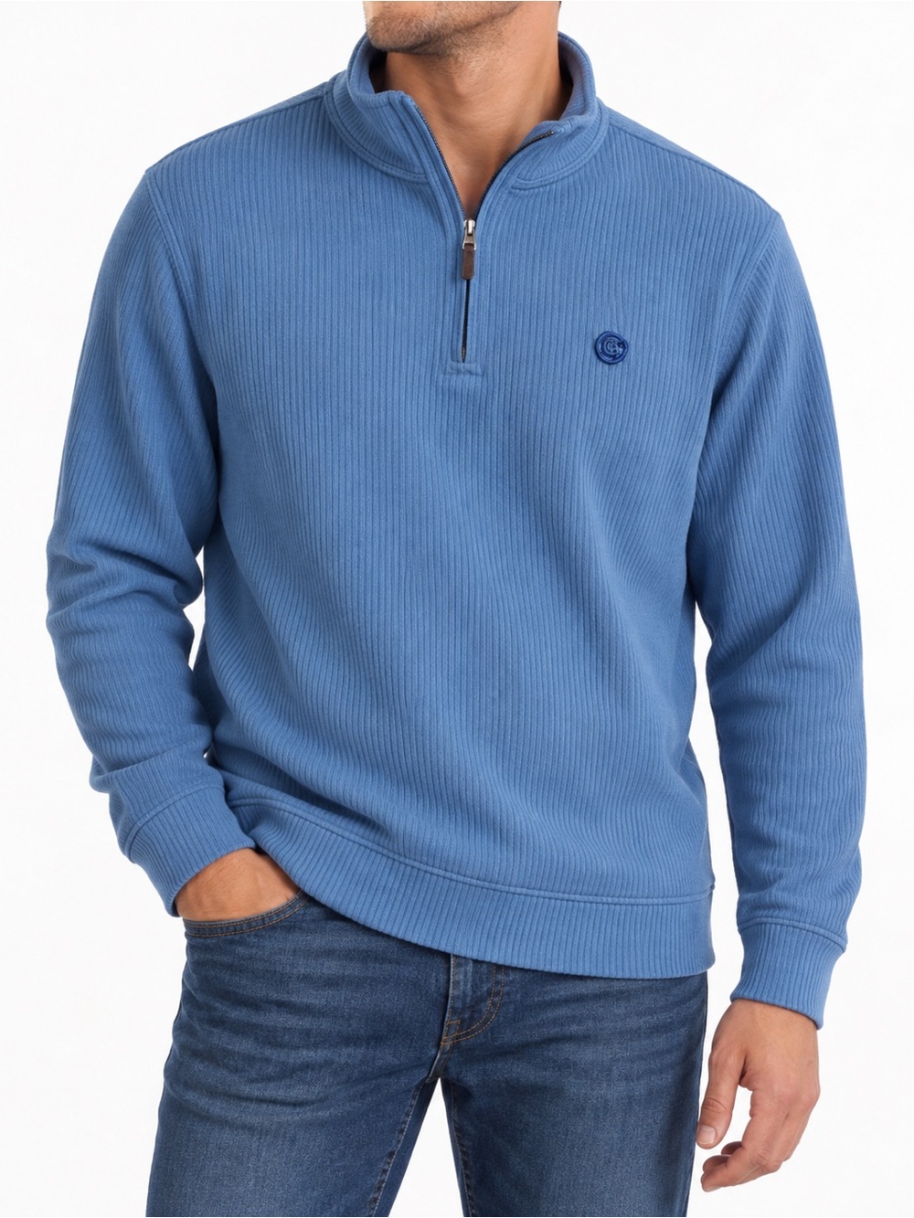 Vintage IZOD Mens Quarter Zip Sweater Blue Ribbed Preppy Pullover L